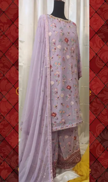 Pakistani Original Boutique Luxury Chiffon Stitched 3 Pcs _ Ligth Purple 